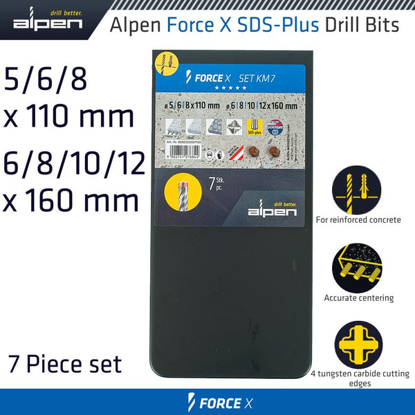 FORCE X SDS-PLUS SET KM7 7 PCS. 5.0/ 6.0/ 8.0 MM X 110 AND 6.0/ 8.0/ 1 - Power Tool Traders