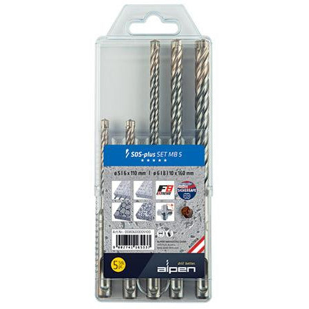 ALPEN F8 SDS DRILL BIT SET 5 PIECE 5 6 X 110MM  6 8 10 MM X 160MM - Power Tool Traders