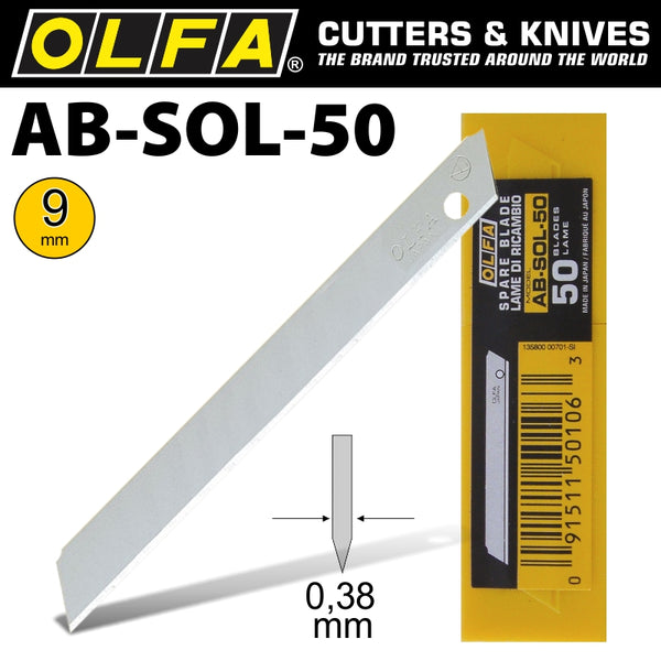 OLFA BLADES SOLID 9MM IN PLASTIC CASE 50/PK 9MM - Power Tool Traders