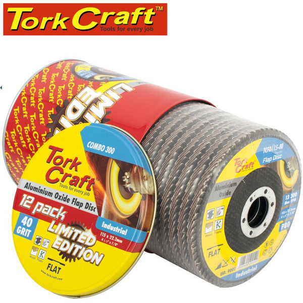 FLAP DISC ALU. OXIDE 115MM 40 GRIT FLAT 12PC METAL TIN