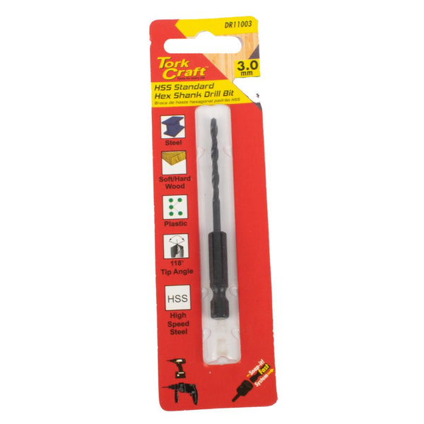 DRILL BIT HSS STANDARD 3.0MM HEX SHANK 1/CARD