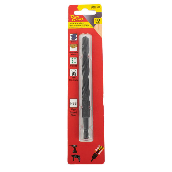 DRILL BIT HSS STANDARD 10.0MM HEX SHANK 1/CARD