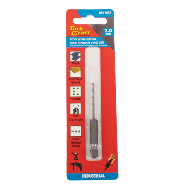 DRILL BIT HSS INDUSTRIAL 2.0MM 135DEG HEX SHANK 1/CARD