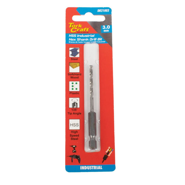 DRILL BIT HSS INDUSTRIAL 3.0MM 135DEG HEX SHANK 1/CARD