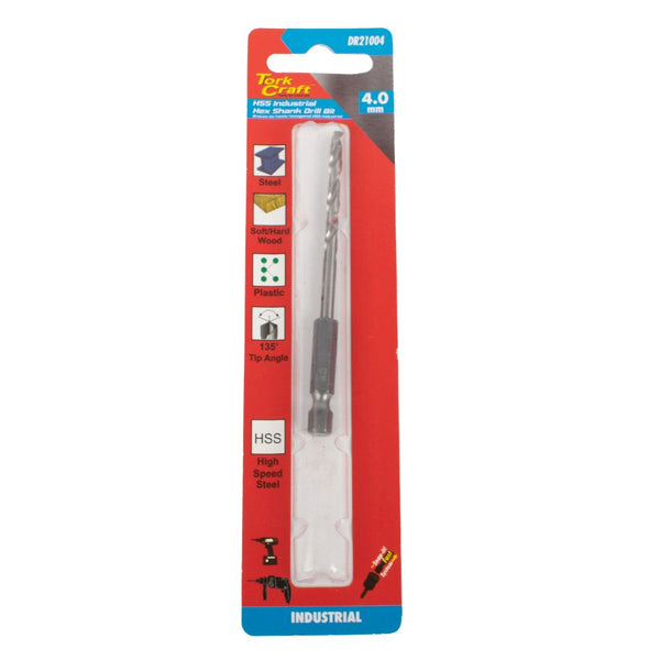 DRILL BIT HSS INDUSTRIAL 4.0MM 135DEG HEX SHANK 1/CARD