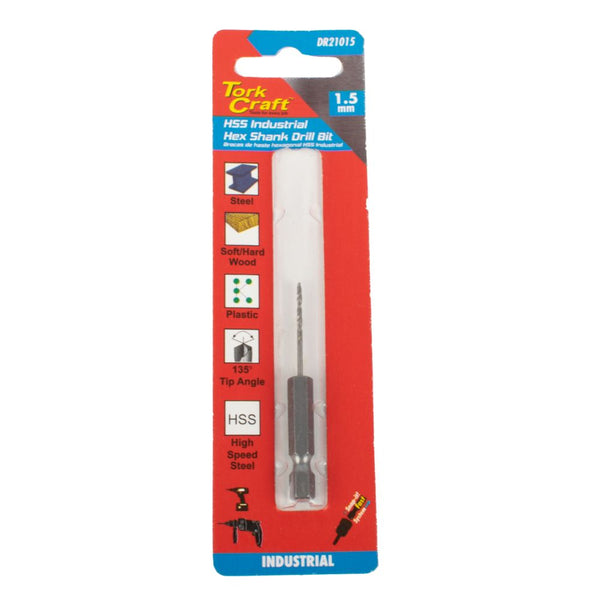 DRILL BIT HSS INDUSTRIAL 1.5MM 135DEG HEX SHANK 1/CARD