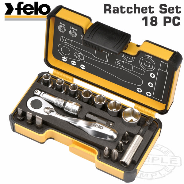 FELO 057 MIN.RATCHET SET 18PCS BIT/SOCK. 1/4' STRONGBOX - Power Tool Traders