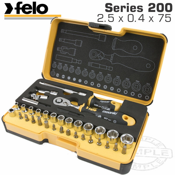 FELO 057 ERG. RATCHET SET 36PCS BIT/SOCK. 1/4' STRONGBOX - Power Tool Traders