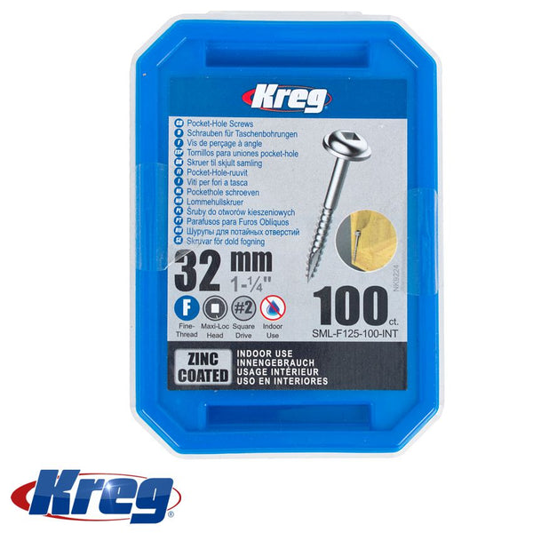 KREG ZINC POCKET HOLE SCREWS 32MM 1.25' #7 FINE THREAD MX LOC 100CT - Power Tool Traders