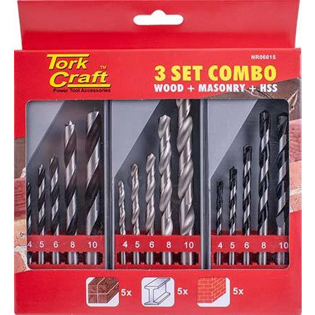 DRILL BIT 3 SET COMBO WOOD + MASONRY + HSS - Power Tool Traders