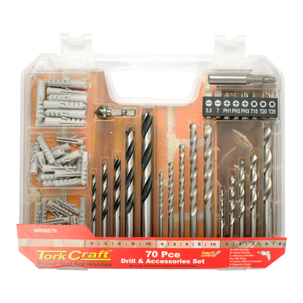 DRILL BIT & ACCESSORY SET 70PC IN PLASTIC CARRY CASE - Power Tool Traders