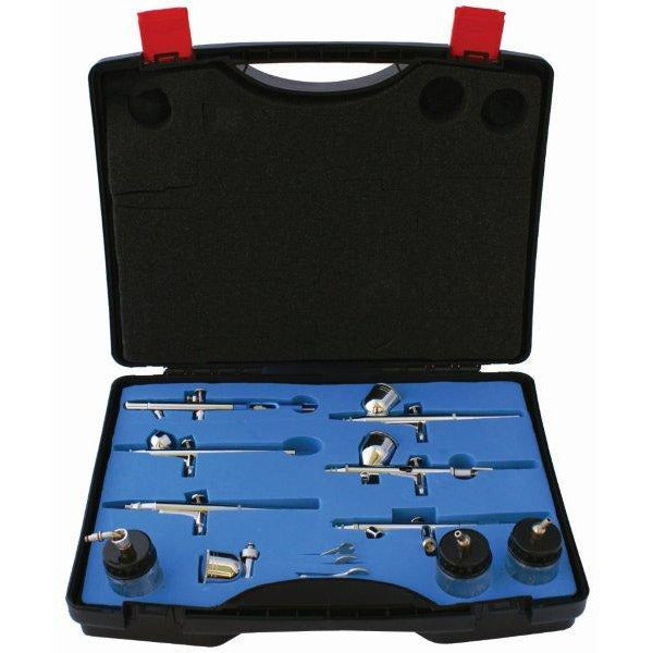 AIRBRUSH SET WITH 6 GUNS 800 137 134 130 180 182 3 GLASS JARS - Power Tool Traders