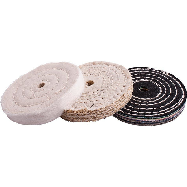 BUFFING WHEEL KIT 3PCS 100MM WHITE & DENIM STICHED & SISAL POLISHING - Power Tool Traders