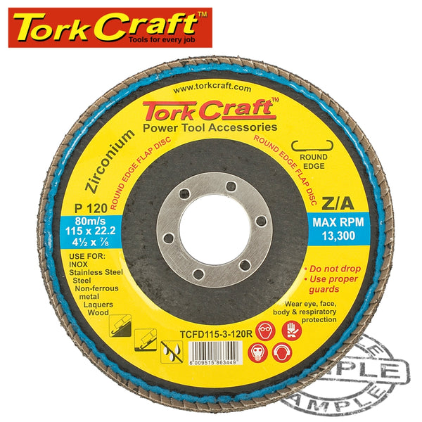 FLAP DISC ROUND EDGE ZIRCONIUM 115MM 120 GRIT FLAT - Power Tool Traders