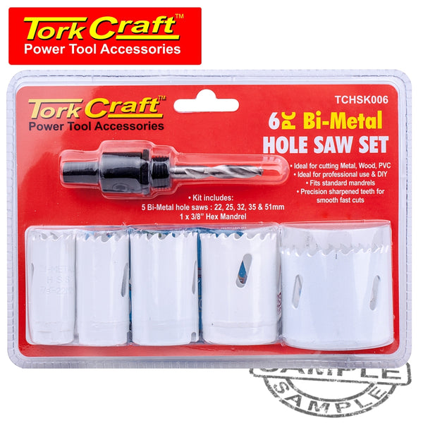 HOLE SAW SET 6PCE BI-METAL (22/25/32/35/51MM & 3/8 HEX MANDREL) - Power Tool Traders