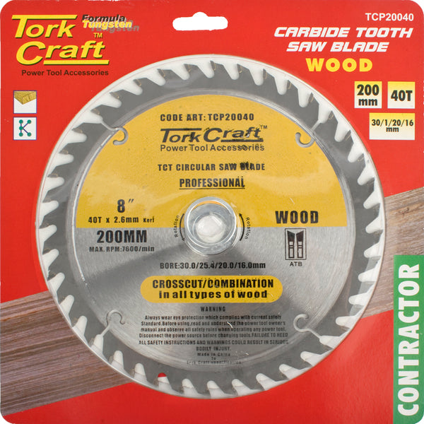 BLADE CONTRACTOR 200 X 40T 30/1/20/16 CIRCULAR SAW TCT - Power Tool Traders