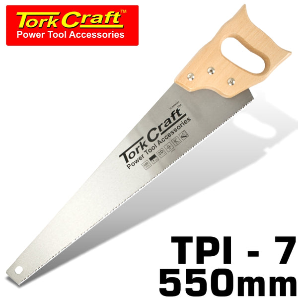 HAND SAW 550MM 7TPI 0.9MM TEMP. BLADE WOOD HANDLE - Power Tool Traders