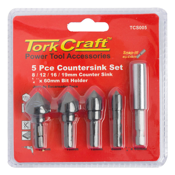 COUNTERSINK SET 5PCE SET CARBON (8,12,16,19MM C/W HEX SHANK ADAPTOR) - Power Tool Traders